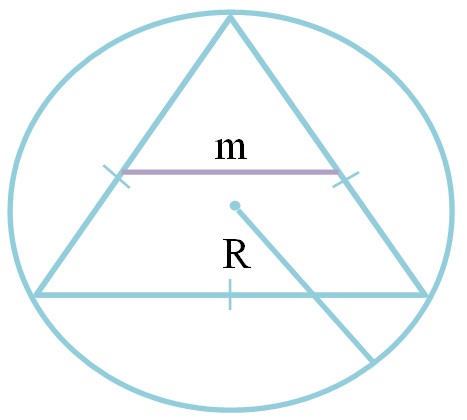 Средняя линия равностороннего треугольника через радиус описанной окружности 